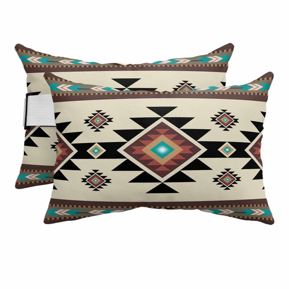 Southwest Geometric Outdoor Pillows for Chaise Lounge Chair Beach Headrest Pillow Set of 2 Waterproof Lumbar Pillows with Insert&Strap Brown Mexican Aztec Boho Tribal Pillow for Patio Pool 12"x20"