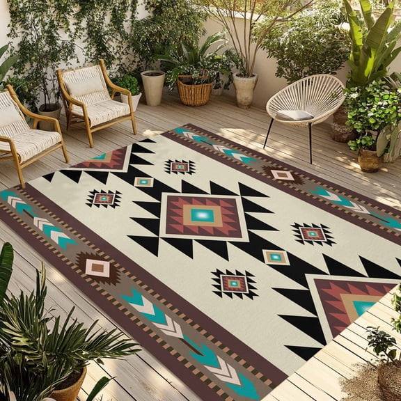 Southwest Geometric Outdoor Rug 5x8 Ft - Reversible Patio Rug Outdoor Camping Rugs, Brown Mexican Aztec Boho Tribal Washable Indoor Outdoor Area Rugs, Non-Slip Outdoor Carpet Runner for Deck/Porch