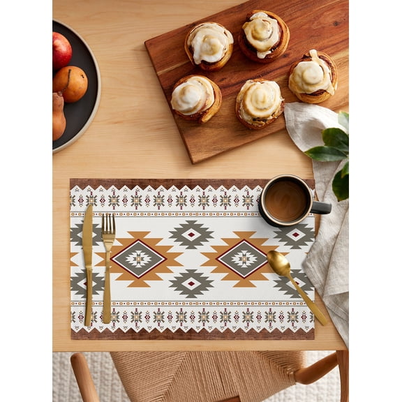 Southwest Geometric Placemats Set of 6, Western Beige Grey Boho Vintage Wooden Placemats for Dining Table, Place Mats for Kitchen Tabletop, Waterproof Wipeable Dining Table Mats Set