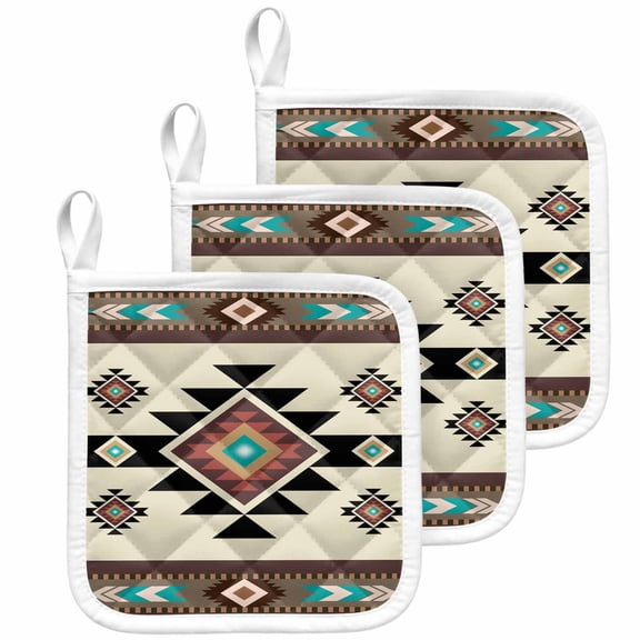 Southwest Geometric Pot Holders for Kitchen Heatproof Potholder, 3 Pack Brown Mexican Aztec Boho Tribal Hot Pads Multipurpose Oven Pads Cloth Potholders Trivet for Cooking Baking