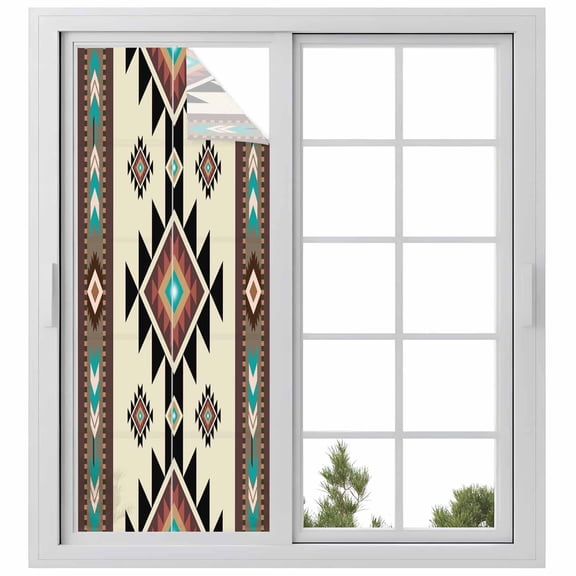 Southwest Geometric Privacy Window Film, Decorative Frosted Glass Window Film, Brown Mexican Aztec Boho Tribal Reusable Peel and Stick Static Cling for Home Bathroom Office Glass Door 23.6"x59"