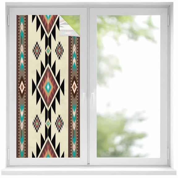 Southwest Geometric Privacy Window Film, Decorative Frosted Glass Window Film, Brown Mexican Aztec Boho Tribal Reusable Peel and Stick Static Cling for Home Bathroom Office Glass Door 17.7"x39.3"