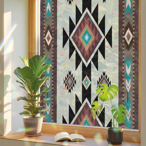 Southwest Geometric Privacy Window Film, Decorative Stained Glass Window Film, Brown Mexican Aztec Boho Tribal Resuable Rainbow Static Cling for Home Bathroom Living Room Glass Door 17.7"x39.3"