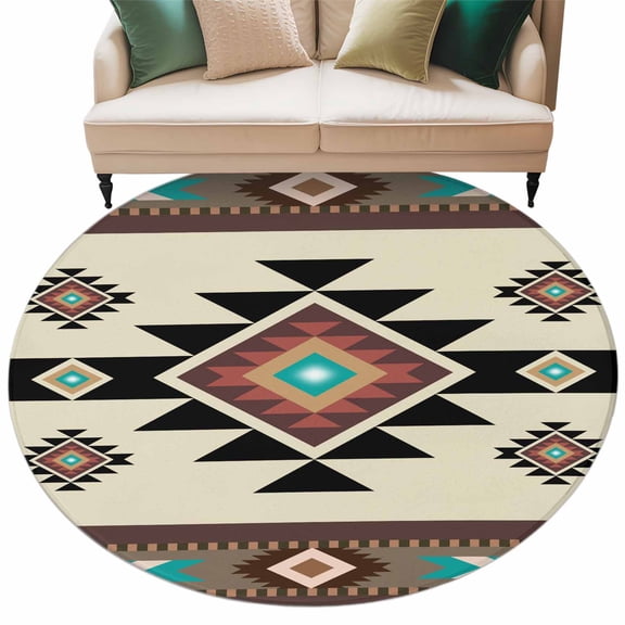 Southwest Geometric Round Area Rug 5ft Washable Large Round Rug for Living Room, Soft Non-Slip Circle Rugs for Dining Room, Brown Mexican Aztec Boho Tribal Floor Carpet for Bedroom Entryway Office