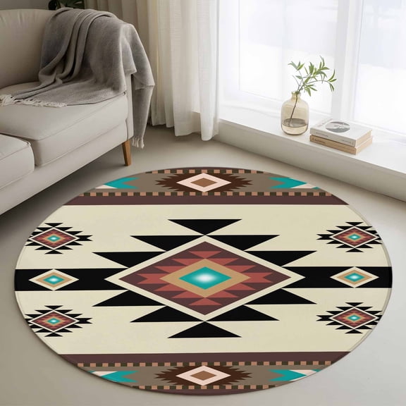 Southwest Geometric Round Rug 3ft Washable Circle Entryway Rugs Non Slip Brown Mexican Aztec Boho Tribal Area Rug Indoor Floor Carpet for Bedroom Kitchen Living Room Home Office Dining Room Nursery