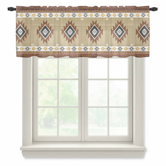 Southwest Geometric Semi Sheer Valance Curtains Bohemian Tribal Style Khaki Voile Valances Curtain Rod Pocket Small Window Treatment for Kitchen Bathroom Cafe 54"x18"