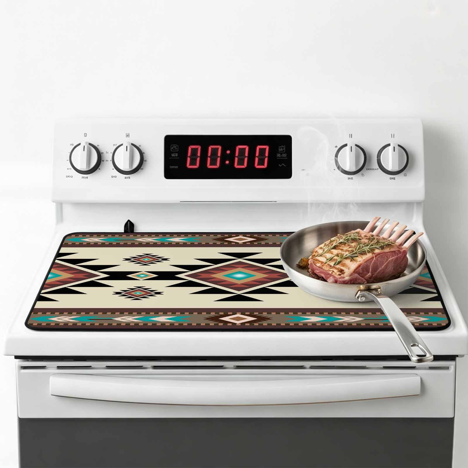 Southwest Geometric Stove Top Cover for Electric Stove, Heat-proof & Non Slip Glass Top Stove Cover Protector, Brown Mexican Aztec Boho Tribal Kitchen Flat Cooktop Rubber Mat 24x21 Inches
