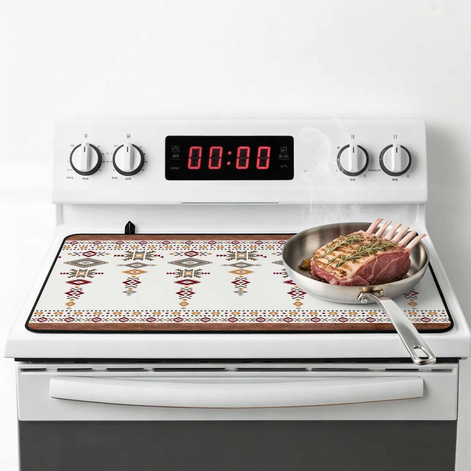 Southwest Geometric Stove Top Cover for Electric Stove, Heat-proof & Non Slip Glass Top Stove Cover Protector, Western Boho Beige Grey Rustic Wooden Kitchen Flat Cooktop Rubber Mat 24x21 Inches