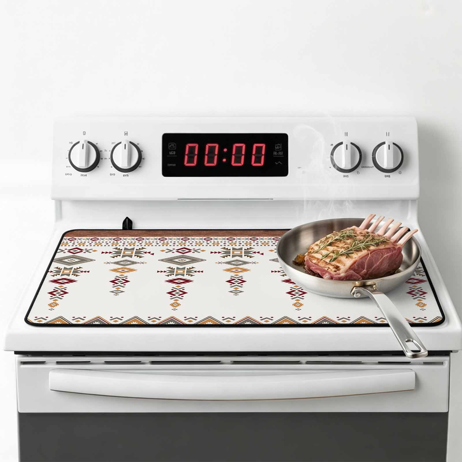 Southwest Geometric Stove Top Cover for Electric Stove, Heat-proof & Non Slip Glass Top Stove Cover Protector, Western Boho Ethnic Beige Grey Wooden Kitchen Flat Cooktop Rubber Mat 24x21 Inches