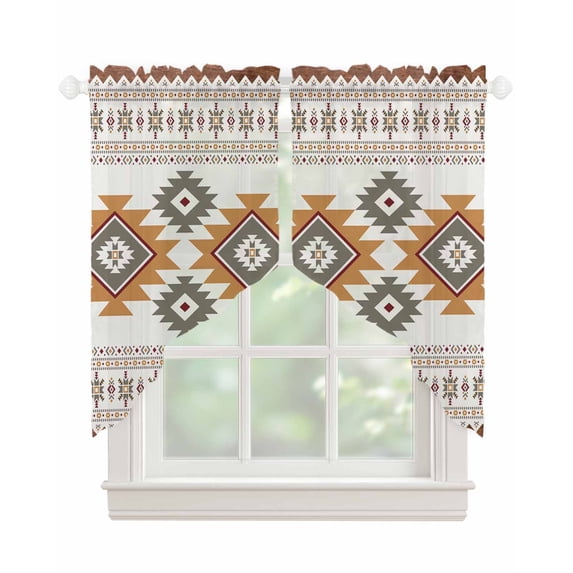 Southwest Geometric Swag Valances for Windows, Western Beige Grey Boho Vintage Wooden Rod Pocket Sheer Valances for Windows, Swag Toppers Light Filtering for Kitchen Living Room 2 Panels 36''x36''