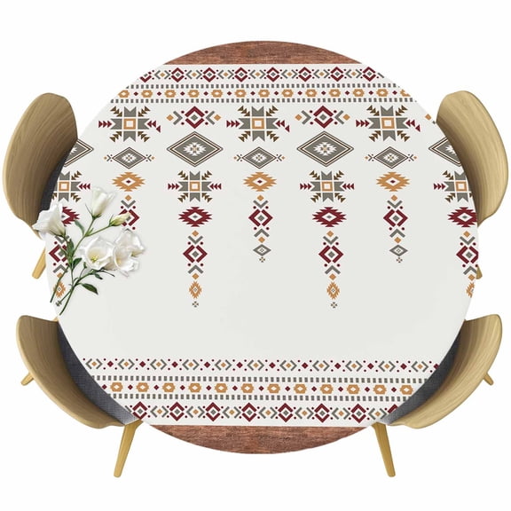 Southwest Geometric Table Cloth, Round Fitted Tablecloths with Elastic Edge, Western Boho Beige Grey Rustic Wooden Wipeable Waterproof Table Cover for Kitchen Wedding 36-44 Inches