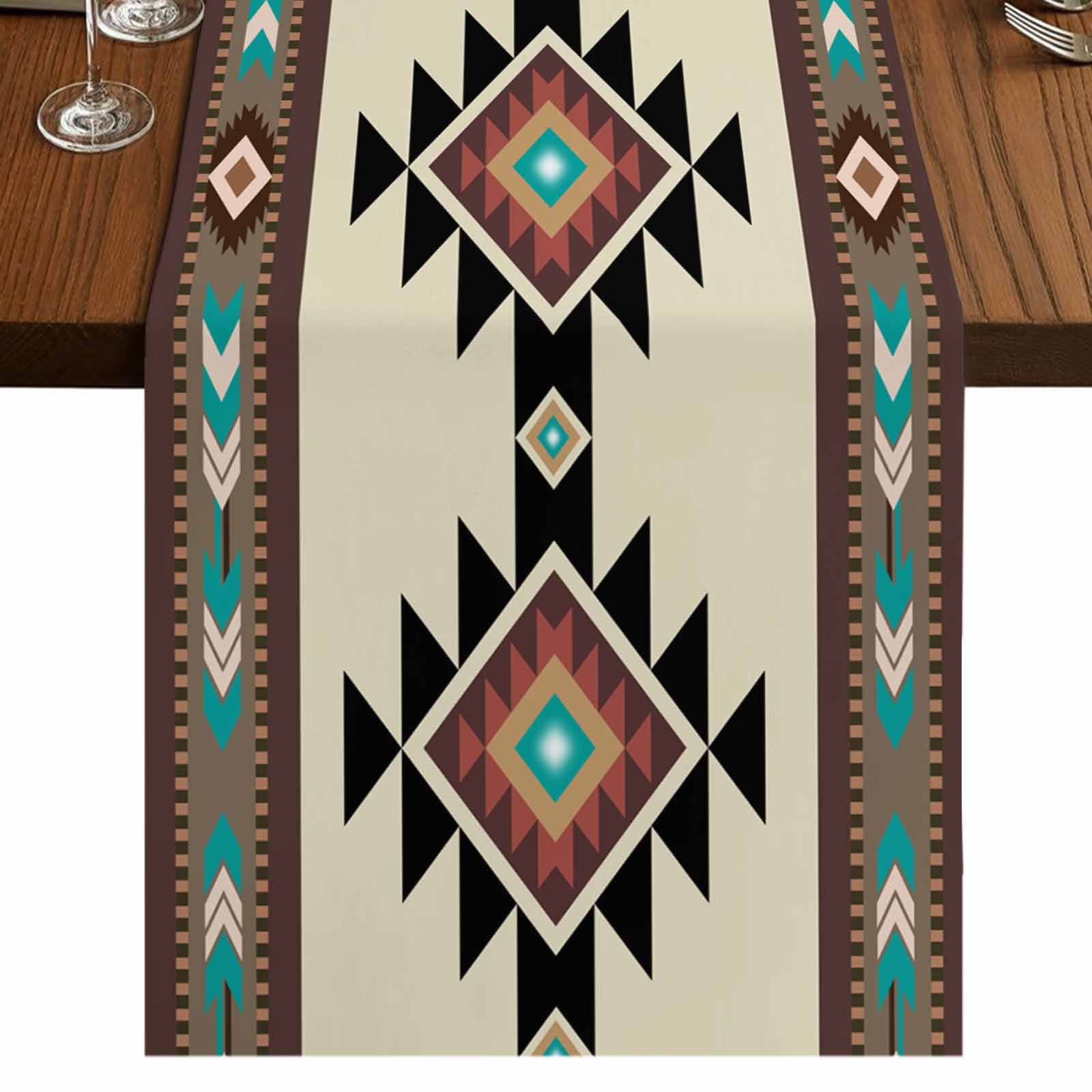 Southwest Geometric Table Runner 108 Inches Long,Brown Mexican Aztec Boho Tribal Cotton Linen Table Runners Dresser Scarves,Decorative Tabletop Scarf Furniture Cover for Home Dinner Party 13"x108"