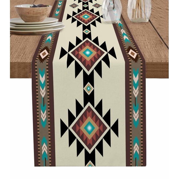 Southwest Geometric Table Runner Brown Mexican Aztec Boho Tribal Tablerunners 13 x 108 Inch, Table Decorations Tabletop Scarf for Summer Gathering Holiday Farmhouse Kitchen Dining Decor