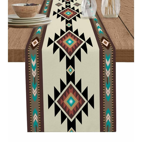 Southwest Geometric Table Runner Brown Mexican Aztec Boho Tribal Tablerunners 14 x 72 Inch, Table Decorations Tabletop Scarf for Summer Gathering Holiday Farmhouse Kitchen Dining Decor