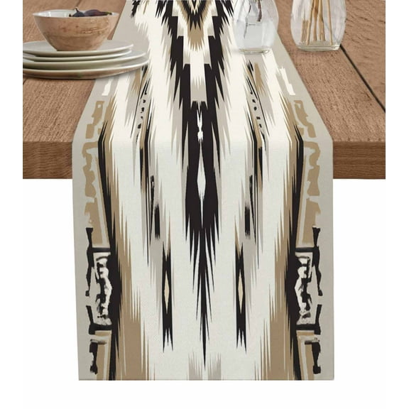 Southwest Geometric Table Runner-Cotton Linen- 36 Inch Holiday Dresser Scarves, Black Beige Abstract Aztec Ethnic Tablerunner for Kitchen Coffee/Dining Bedroom Living Room Dinner Scarf Décor 13x36