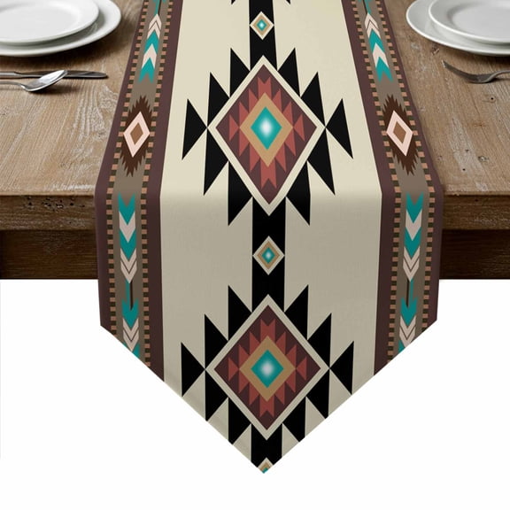 Southwest Geometric Table Runner Linen Burlap Table Runner 60 Inches Long Brown Mexican Aztec Boho Tribal Dresser Scarves for Kitchen Island Coffee Dining Room Party Holiday Decoration 13"x60"