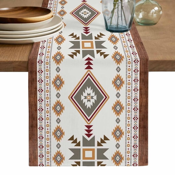 Southwest Geometric Table Runner, Western Boho Beige Grey Rustic Wooden Washable Cotton Linen Table Runners 36 Inches Long, Dresser Scarf Runner for Nightstand/End Tables/Round Tables 13''x36''