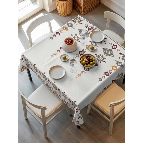Southwest Geometric Tablecloth Square Table Cloth 54x54, Waterproof Tablecloth Outdoor Table Cloth, Western Boho Ethnic Beige Grey Wooden Washable Table Cover for Kitchen Dinning Party