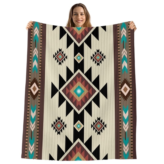 Southwest Geometric Throw Blanket, Flannel Fleece Blanket with Striped Design for Couch, Brown Mexican Aztec Boho Tribal Soft Breathable All Season Plush Blankets for Sofa Office Chair 30"x40"