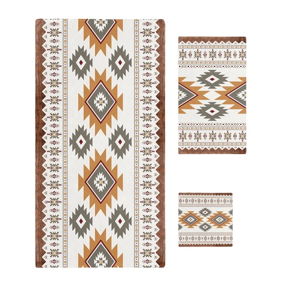 Southwest Geometric Towel Set of 3, Soft Microfiber Bath Towels, Hand Towel, Washcloths, Western Beige Grey Boho Vintage Wooden Quick-Dry Absorbent Towels for Bathroom Kitchen Hotel Beach Gym Spa