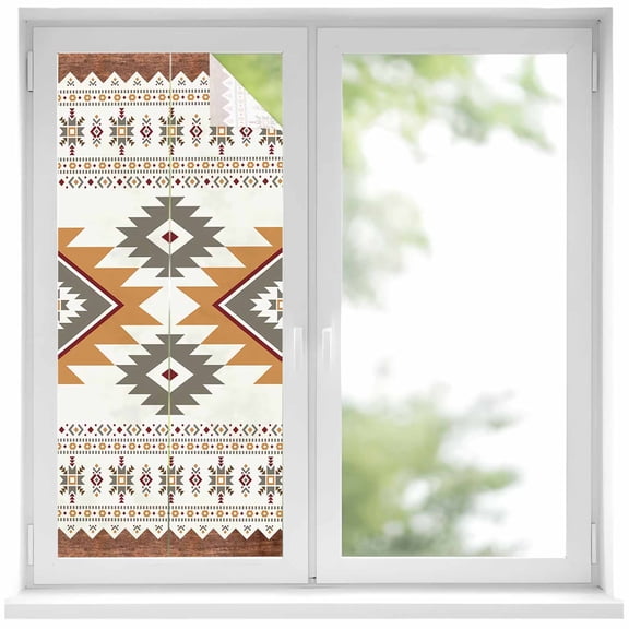 Southwest Geometric Window Privacy Film, Western Beige Grey Boho Vintage Wooden Static Cling UV Sun Blocking Heat Control Window Tint, Non-Adhesive One Way Windows Privacy Cover 17.7''x39.3''