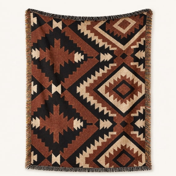 Southwest Geometric Woven Cotton Throw Blanket with Fringe – Earth Tone Tribal Pattern, 3 Sizes