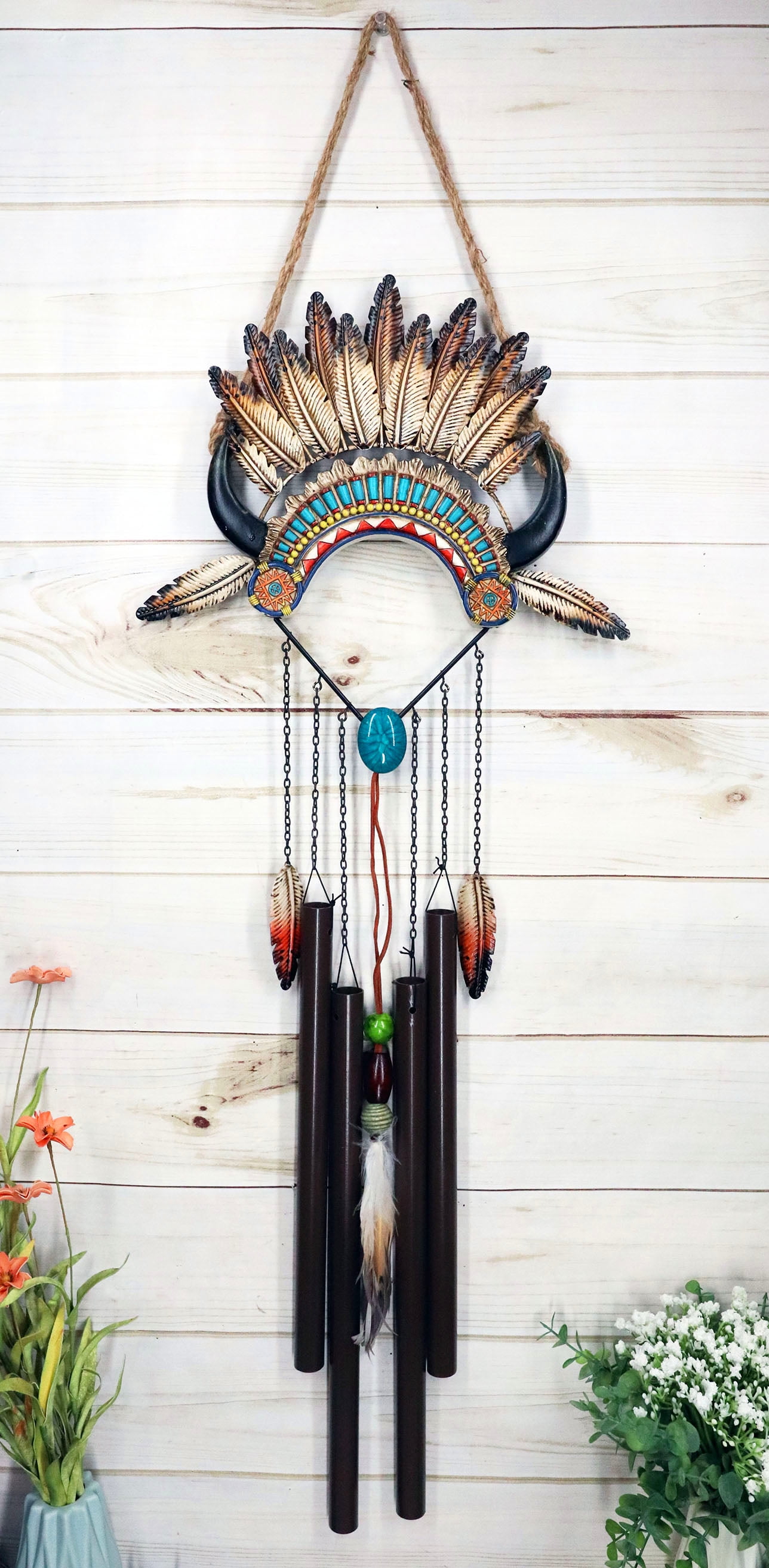 Southwest Headdress Feathers Turquoise Rocks Wind Chime