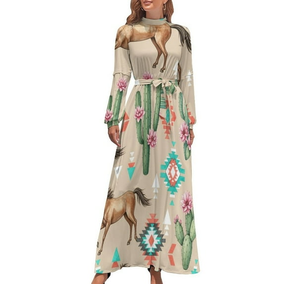Southwest Horses Cacti Geometric Pattern Women's Long Dress Long Sleeves Dress Vintage Dresses Party Maxi Dress High Waist Dress