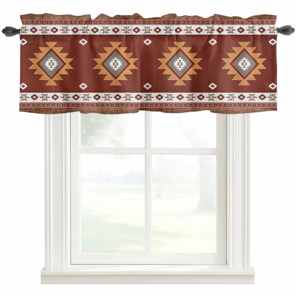 Southwest Kitchen Valances for Windows, Small Valance Curtains Rod Pocket Window Treatments Western Brown Beige Geometric Abstract Art Wooden Window Valances for Living Room Bathroom Bedroom 42"x12"