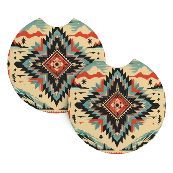 Southwest Native American Cool Vintage Car Cup Holder Pad 2-Pack Neoprene Coasters for Auto Interior Waterproof Universal Fit for Most Vehicles