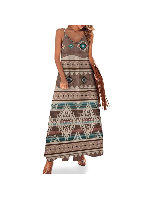 Southwest Native Aztec Sleeveless Suspender Dress Summer Fashion Casual Long Dress