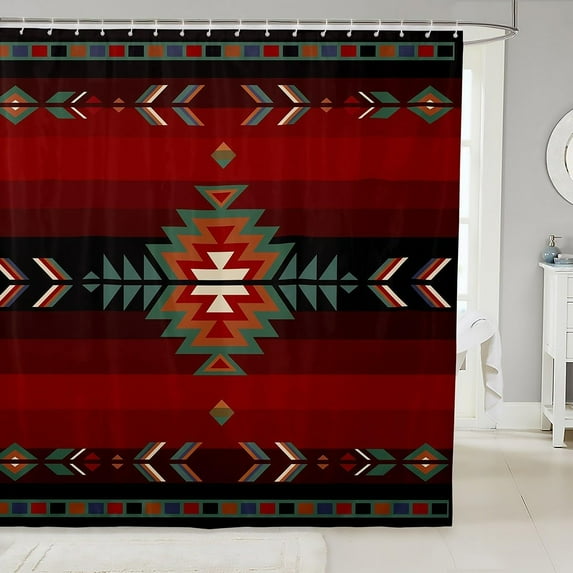 Southwest Native Design Bath Curtain - 72"x72" Waterproof Tribal for Kids Red & Green Kids Bathroom Accessories Southwestern Geometric Set