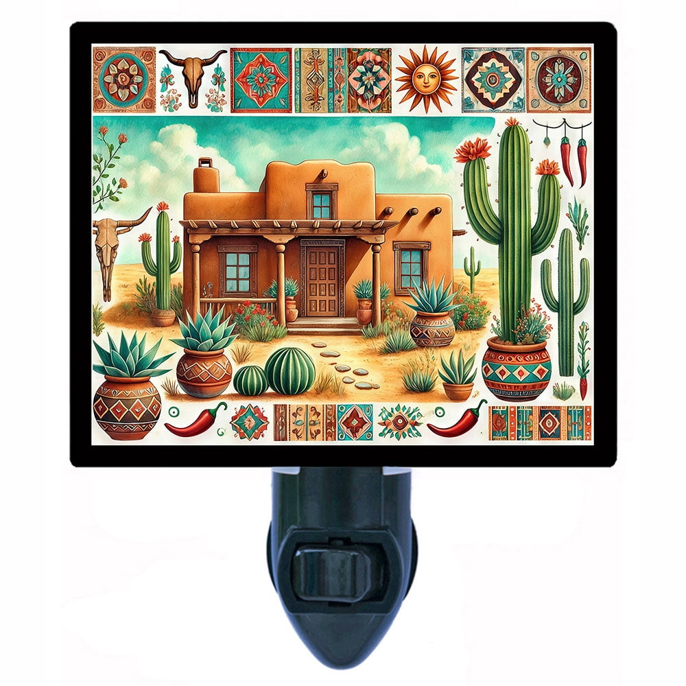 Southwest Oasis Night Light – Adobe Desert Home with Cactus, Clay Pots and Western Tile Accents, Rustic Southwestern Kitchen Décor – Includes Free Switchable Insert