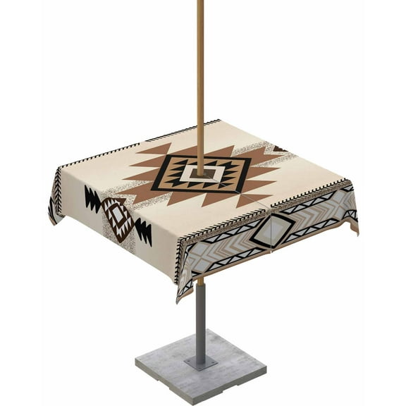 Southwest Outdoor Square Tablecloth with Umbrella Hole 54x54, Brown Bohemian Abstract American Aztec Wrinklefree Wipeable Fabric Table Cloth Waterproof Zippered Cover for Camping Picnic Patio Party