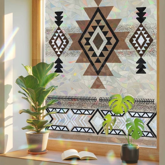 Southwest Privacy Window Film, Decorative Stained Glass Window Film, Brown Bohemian Abstract American Aztec Resuable Rainbow Static Cling for Home Bathroom Living Room Glass Door 23.6"x59"