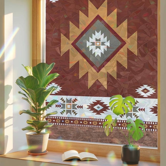 Southwest Privacy Window Film,Decorative Stained Glass Window Film,Western Brown Beige Geometric Abstract Art Wooden Resuable Rainbow Static Cling for Home Bathroom Living Room Glass Door 17.7"x39.3"