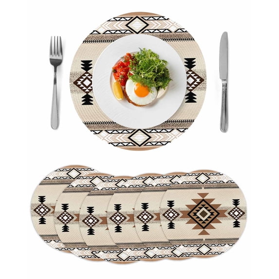 Southwest Round 15 Inch Placemats Set of 6, Brown Bohemian Abstract American Aztec HeatResistant Non Slip Place Mats for Dining Table, Wipeable Braided Kitchen Table Mats for Housewarming