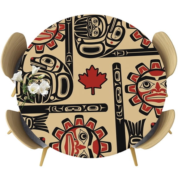 Southwest Round Tablecloth 36-44 Inch Round Fitted Table Cloth with Elastic Edge, Farmhouse Sun Maple Leaves Ethnic Motifs Waterproof Table Cover Protector for Outdoor Picnic Party Dining