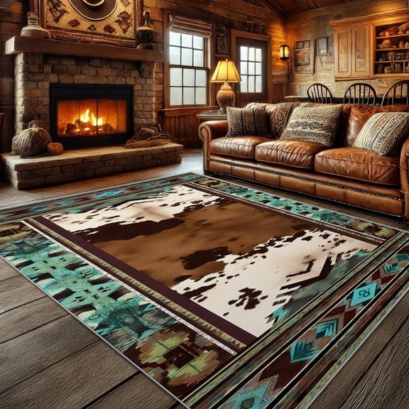 Southwest Rugs for Living Room, Turquoise Western Washable Rugs for Bedroom, Southwestern Tribal Area Rug, Rustic Carpet Home Decor, Southwest Gifts-5' x 7'