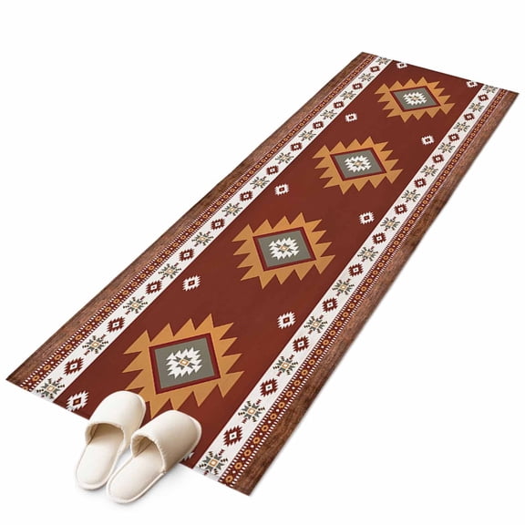 Southwest Runner Rug 2x6 FT, Non Slip Hallway Carpet, Western Brown Beige Geometric Abstract Art Wooden Washable Floor Carpet Throw Runner Carpet Long Rug for Entryway Kitchen Bedside Sliding Door