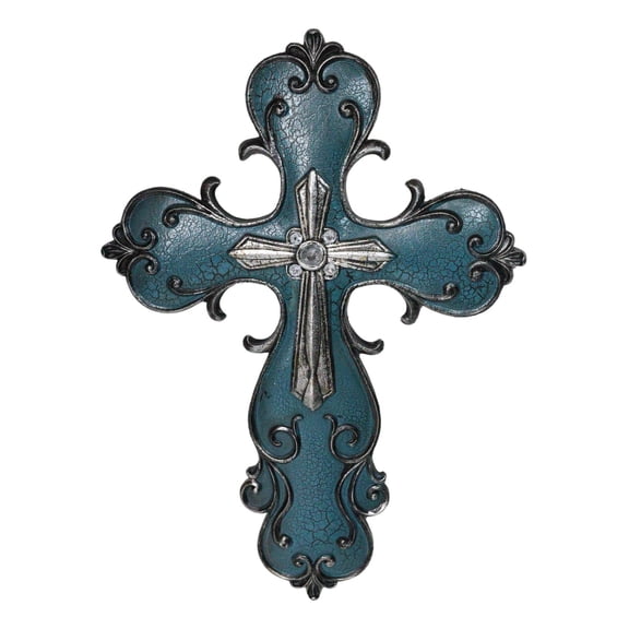 Southwest Rustic French Fleur De Lis Scroll in Turquoise Layered Wall Cross