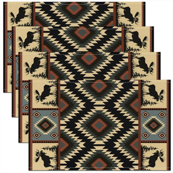 Southwest Rustic Placemats 12"X18" Set of 4,Country Farmhouse Aztec Place Mats Teens Tribal Deer Waterproof Placemats Wildlife Hunting Theme Table Place Mats Western Cabin Decor