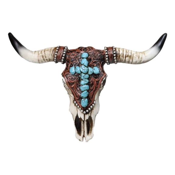 Southwest Steer Cow Skull With Turquoise Cross Tooled Leather Motif Wall Decor