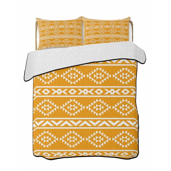 Southwest Striped Quilts Bedding Set Twin Size Yellow Tribe Geometric Abstract Ethnic Striped Lightweight Quilted Bedspread 3 Piece Bed Quilt with 2 Pillow Shams All Season for Bedroom 68" x 86"