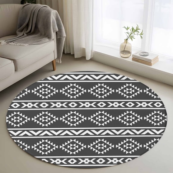 Southwest Striped Round Living Room Rugs 4 ft, Black Tribe Geometric Abstract Ethnic Striped Washable Area Rug with Non-Slip Sturdy Edge Binding Round Carpet for Entryway Kitchen Bedroom Bathroom