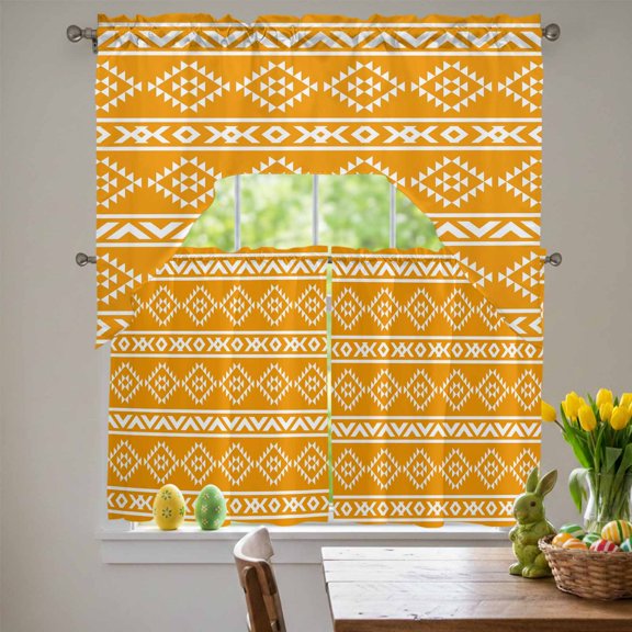 Southwest Striped Swag Curtains Valance & Tier Set, Yellow Tribe Geometric Abstract Ethnic Striped 3 Pcs Set Kitchen Swag Valances and Tiers 36 Inch Length Rod Pocket Curtain Drapes for Bedroom