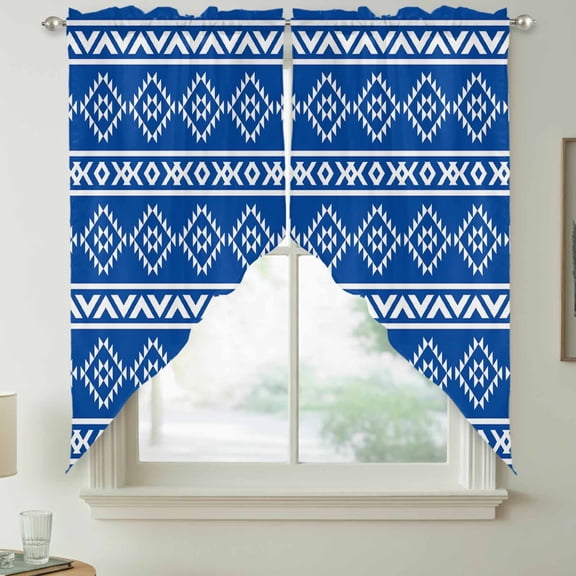 Southwest Striped Swag Kitchen Curtain Valances, Blue Tribe Geometric Abstract Ethnic Striped Rod Pocket Curtains Window Treatment Decor Valances for Bedroom Bathroom, 2 Panels 36 x 63 Inch
