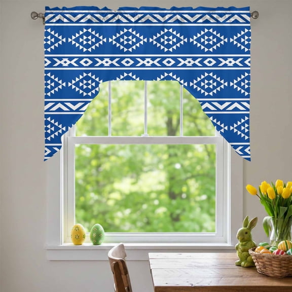 Southwest Striped Swag Valances for Kitchen Window, Blue Tribe Geometric Abstract Ethnic Striped Small Swag Valances Rod Pocket Curtain Drapes Window Treatment for Bedroom Bathroom, 56x36 Inch