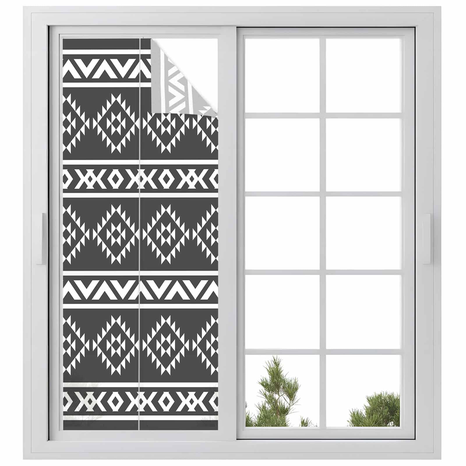 Southwest Striped Window Privacy Film, Black Tribe Geometric Abstract Ethnic Striped Frosted Glass Window Clings Static Cling UV Heat Blocking Reusable Door Sticker for Bathroom 23.6 x 59 Inch