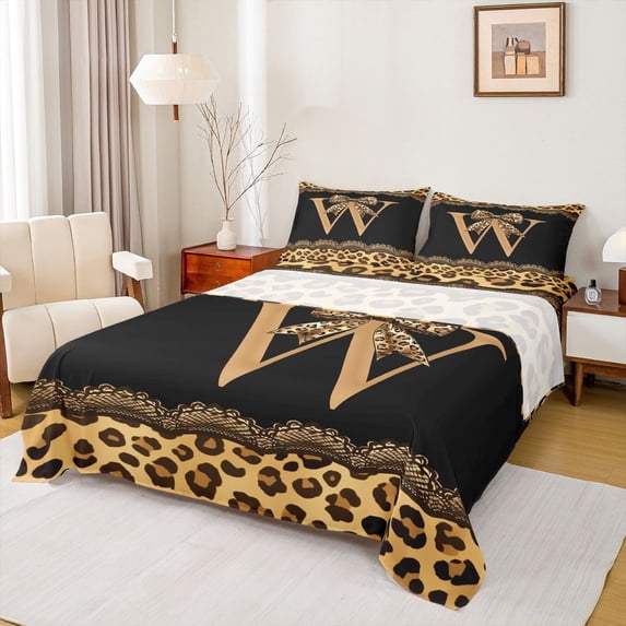 Erosebridal Cheetah Animal Print Kid Queen Sheet Sets, Princess Bow Initial W Bed Set, 4pcs